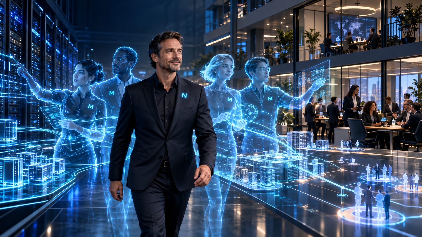 Ekspert Networker z emblematem N i holograficznym zespołem MetaCore AI Personas modernizuje warstwę techniczną, procesową i zespołową korporacji.